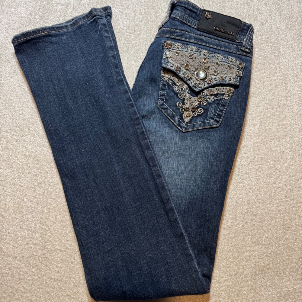Grace in LA Y2K Rhinestone Lace Bootcut Jeans Size 5/26 Flap Pockets